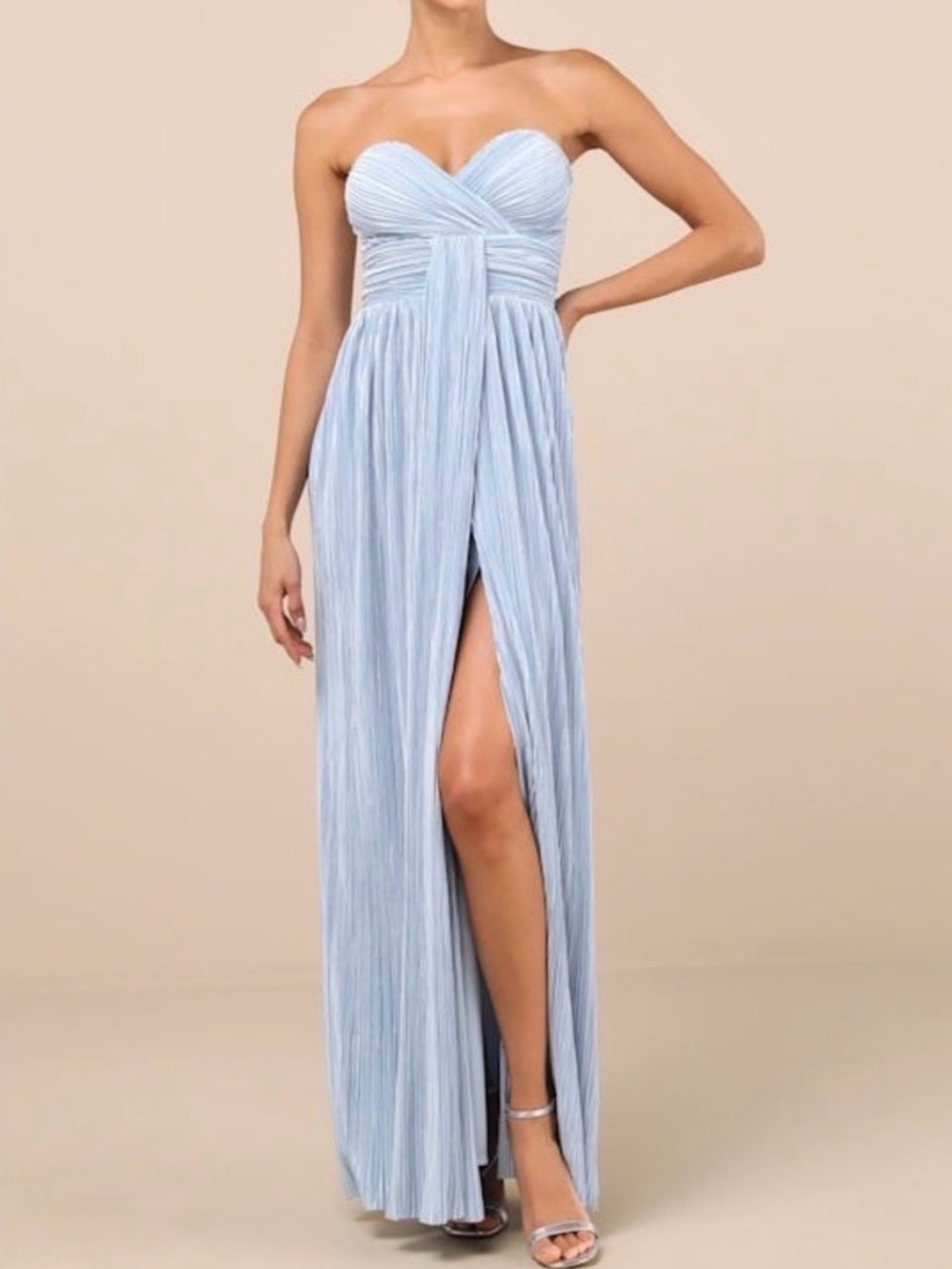 NWT Lulu's Oswin Light Blue Satin Plisse Strapless Maxi Dress
